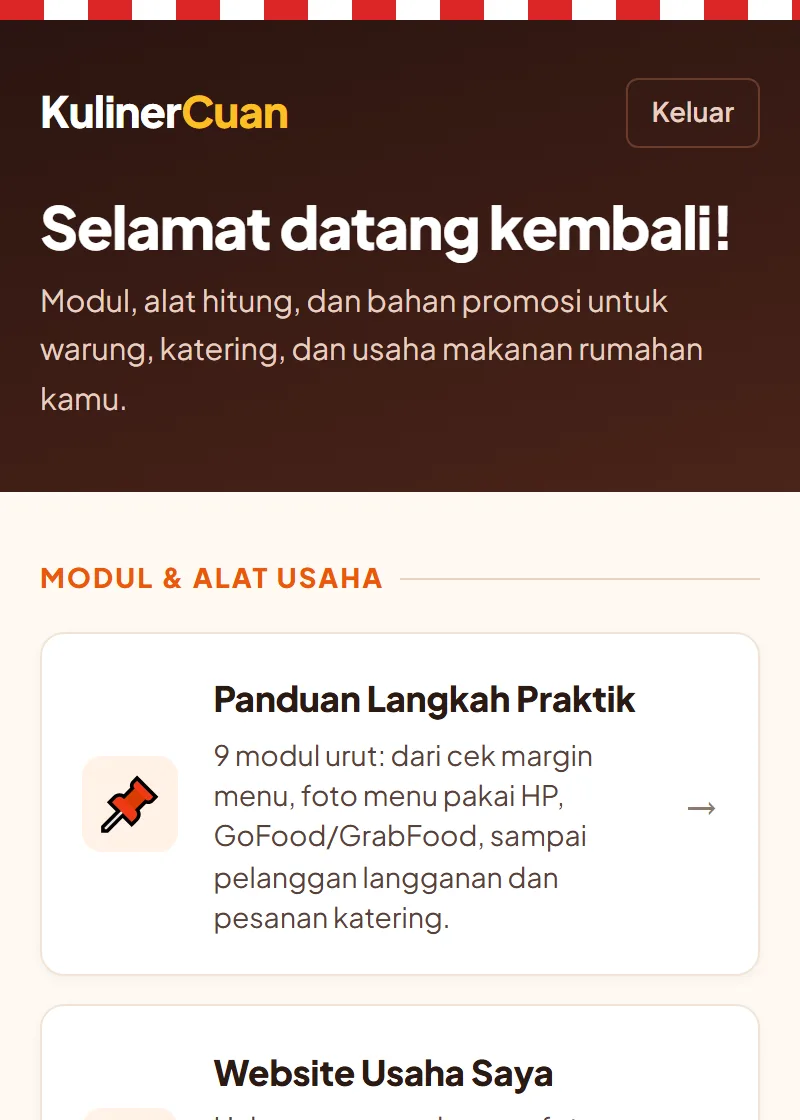 Tampilan asli dashboard Kuliner Cuan di HP: panduan 9 modul, website usaha, kalkulator HPP, template nota