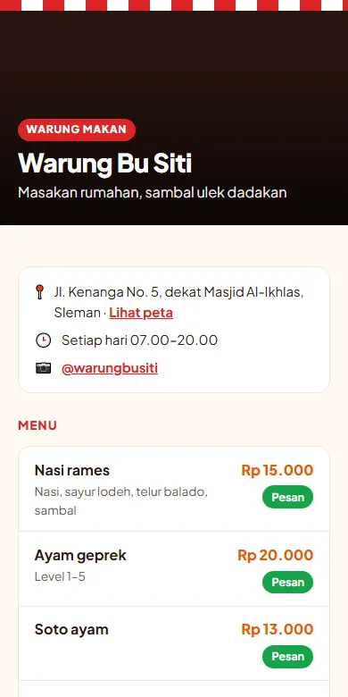 Contoh website usaha Warung Bu Siti - tampilan Warung