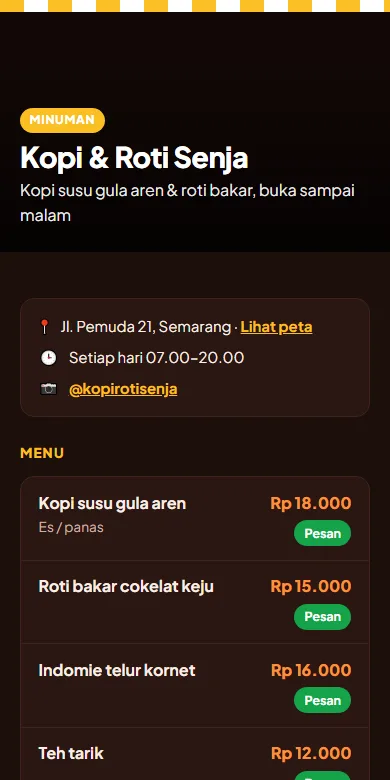 Contoh website usaha Kopi & Roti Senja - tampilan Kopi Malam