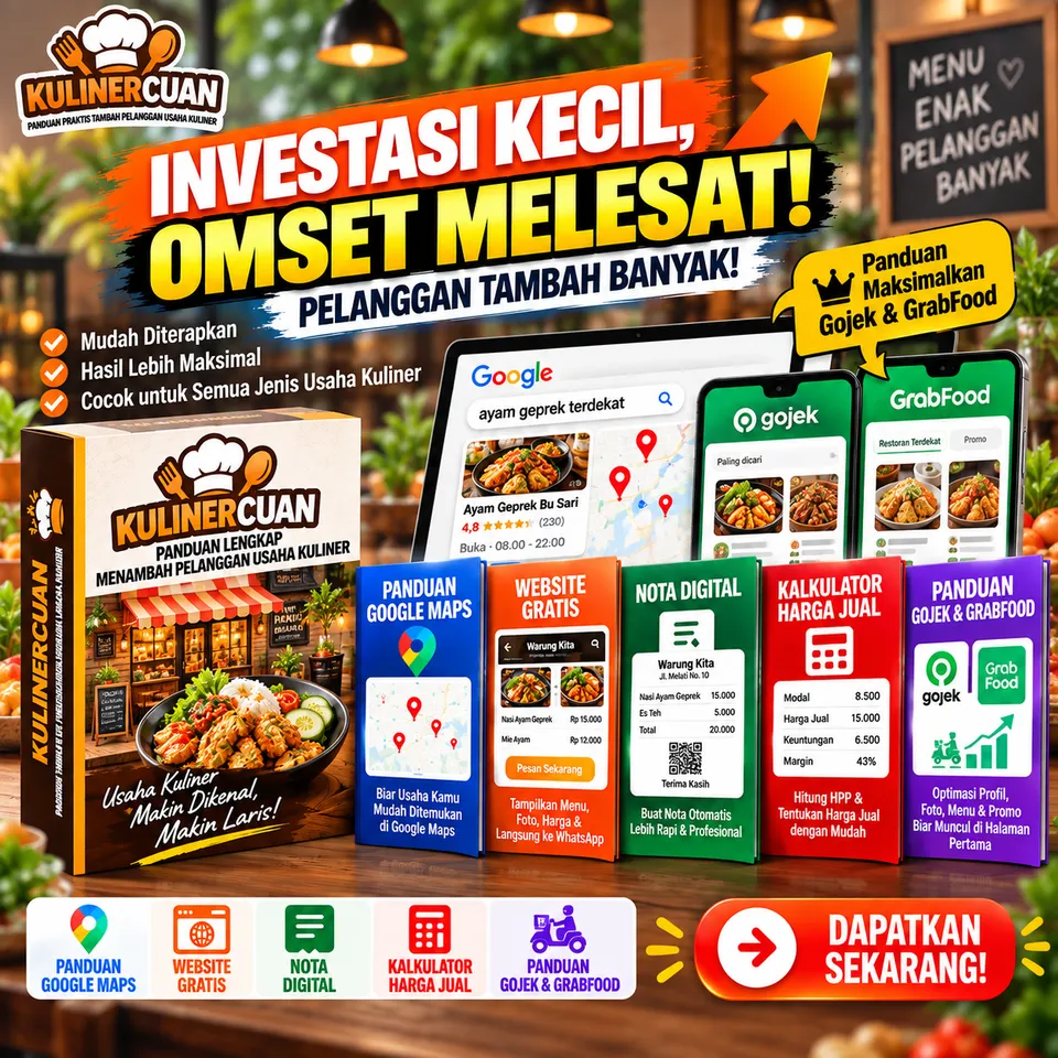 Isi paket Kuliner Cuan: panduan Gojek & GrabFood, website gratis, nota digital, kalkulator harga jual