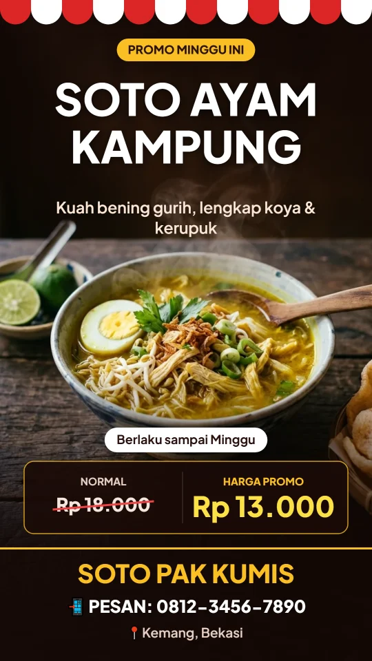 Contoh desain Promo Harga Coret (Soto Pak Kumis)